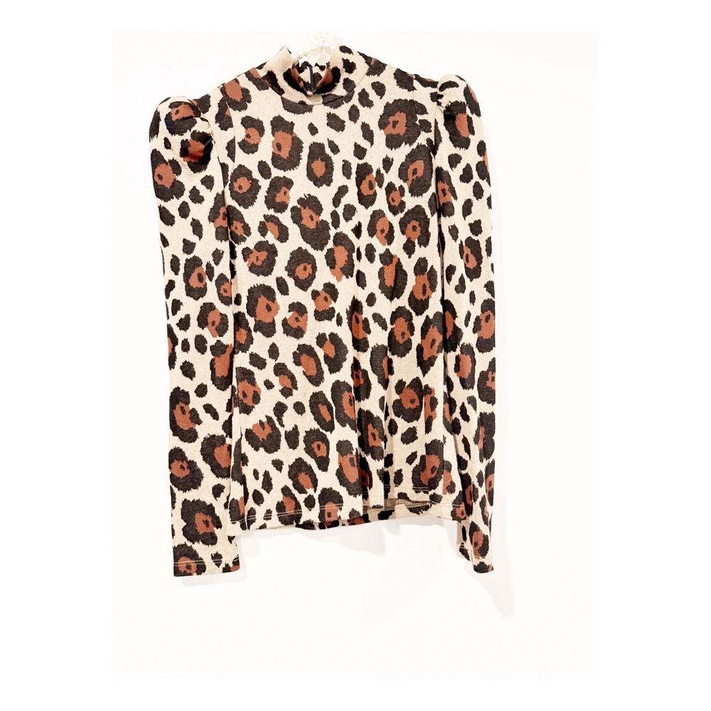 Smythe Leopard Print Mock Neck Puff Shoulder Knit Top Brown Tan Small